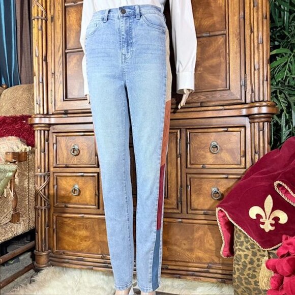 NWOT DG2 Faux Suede Patchwork Stripe Vintage Wash Cotton Blend Stretch Jean Tall - Picture 3 of 15